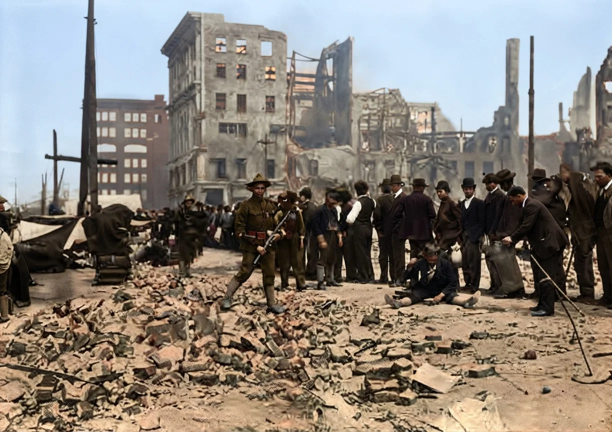 A view in San Francisco showing the reign of martial law and the needs of the survivors of the awful calamity. The men with muskets are soldiers standing guard over a typical bread line, men in rank receiving bread as it is dispensed at one of the many temporary commissary departments. Such ruins as these may be seen everywhere in the burnt district.