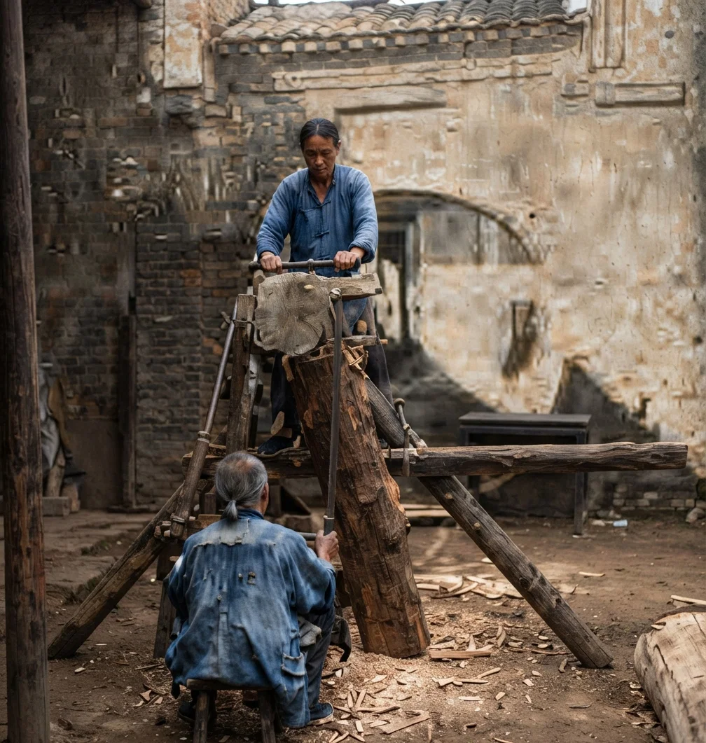 Chinese Sawing Lumber by Man-power.