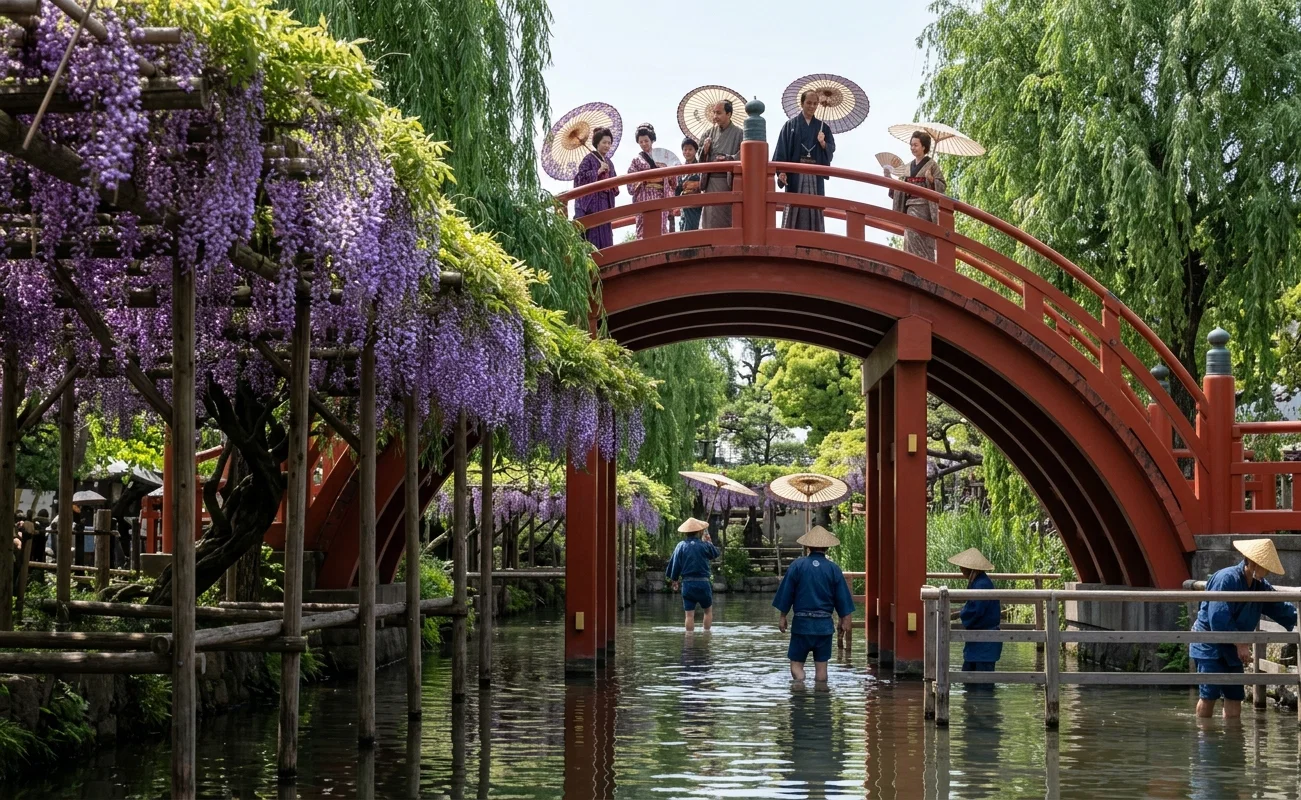 From “The Four Track News” WISTERIA AND FIRST BRIDGE TEMPLE, TOKYO, JAPAN