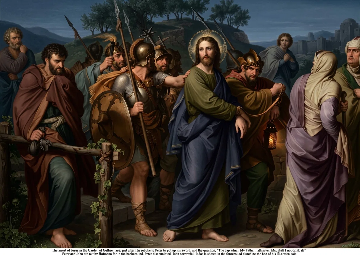 The arrest of Jesus in the Garden of Gethsemane, just after His rebuke to Peter to put up his sword, and the question, "The cup which My Father hath given Me, shall I not drink it?" Peter and John are put by Hofmann far in the background, Peter disappointed, John sorrowful. Judas is shown in the foreground clutching the bag of his ill-gotten gain.