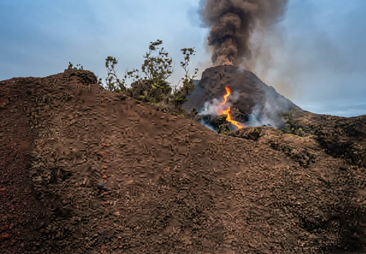 Mauna Loa, on the island of Hawaii, in action. The cloud-like substances in the air, above the mountain, are melted rock and lava as thrown out from the crater. From the top of the mountain down to the front of the picture is the stream of flowing lava.