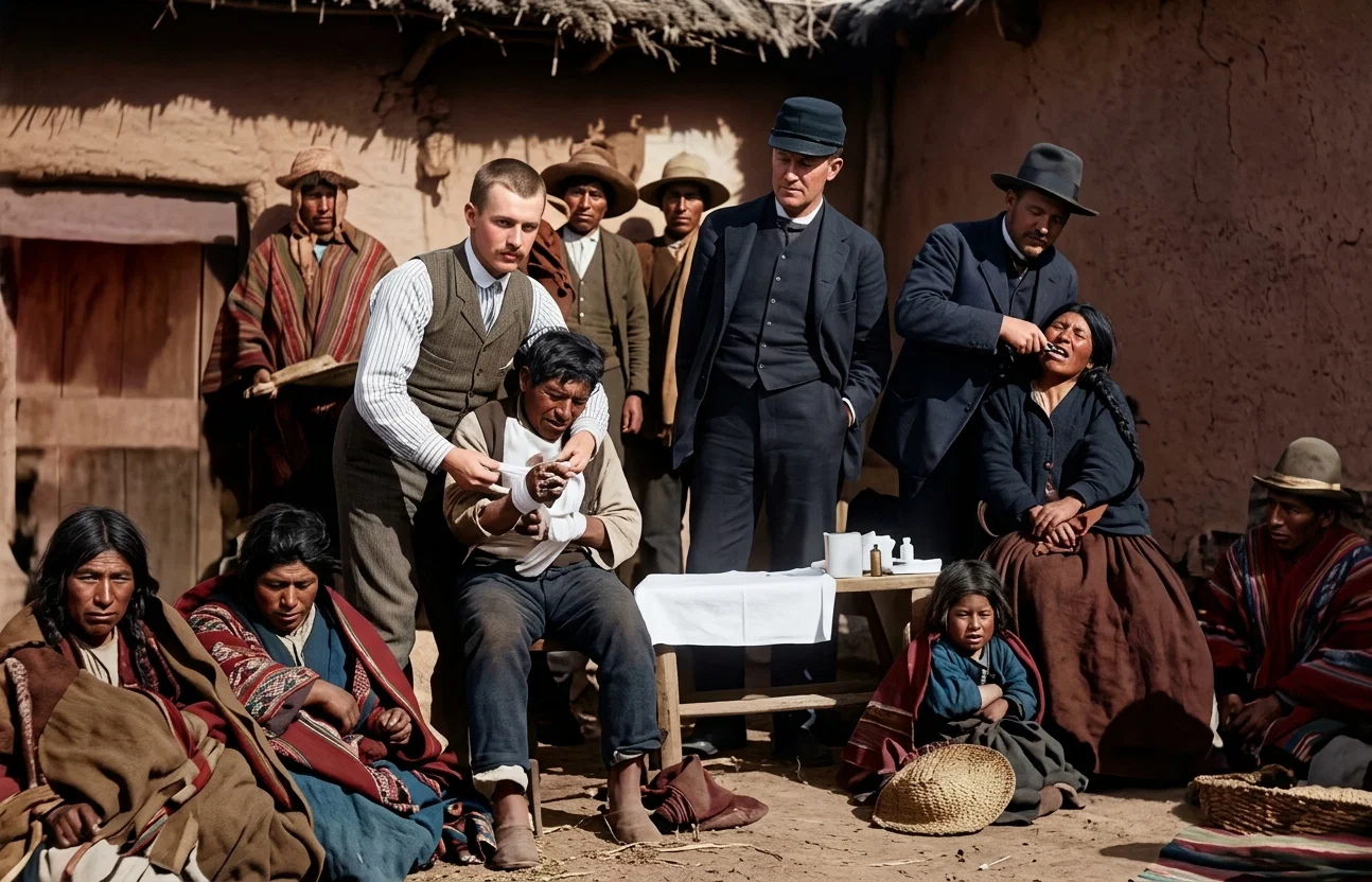 TREATING INDIANS,— BROTHER STAHL AT LEFT ATTENDING TO A GANGRENED HAND; BROTHER ALLEN EXTRACTING TEETH