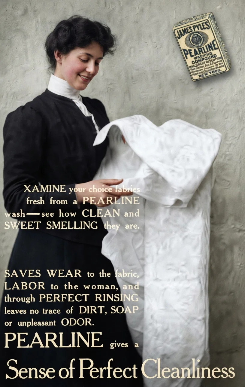 EXAMINE your choice fabrics fresh from a PEARLINE wash—see how CLEAN and SWEET SMELLING they are. Pearline SAVES WEAR to the fabric, LABOR to the woman, and through PERFECT RINSING leaves no trace of DIRT, SOAP or unpleasant ODOR. PEARLINE gives a Sense of Perfect Cleanliness