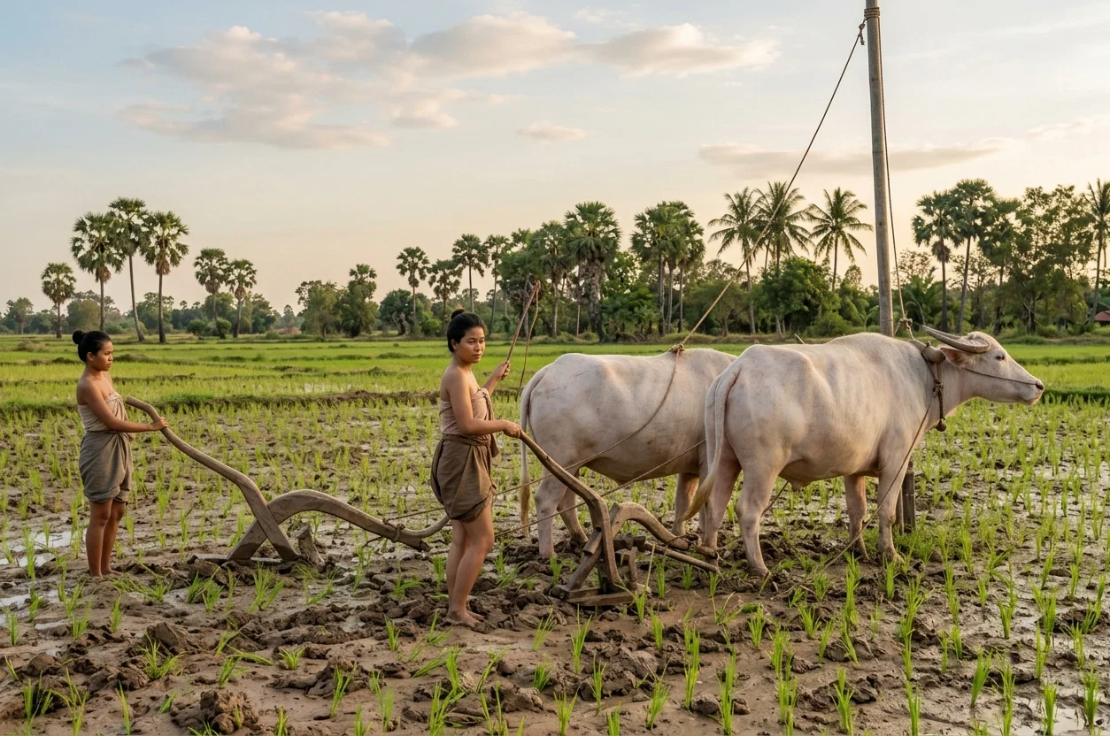 SIAMESE WOMEN PLOWING RICE FIELDS.