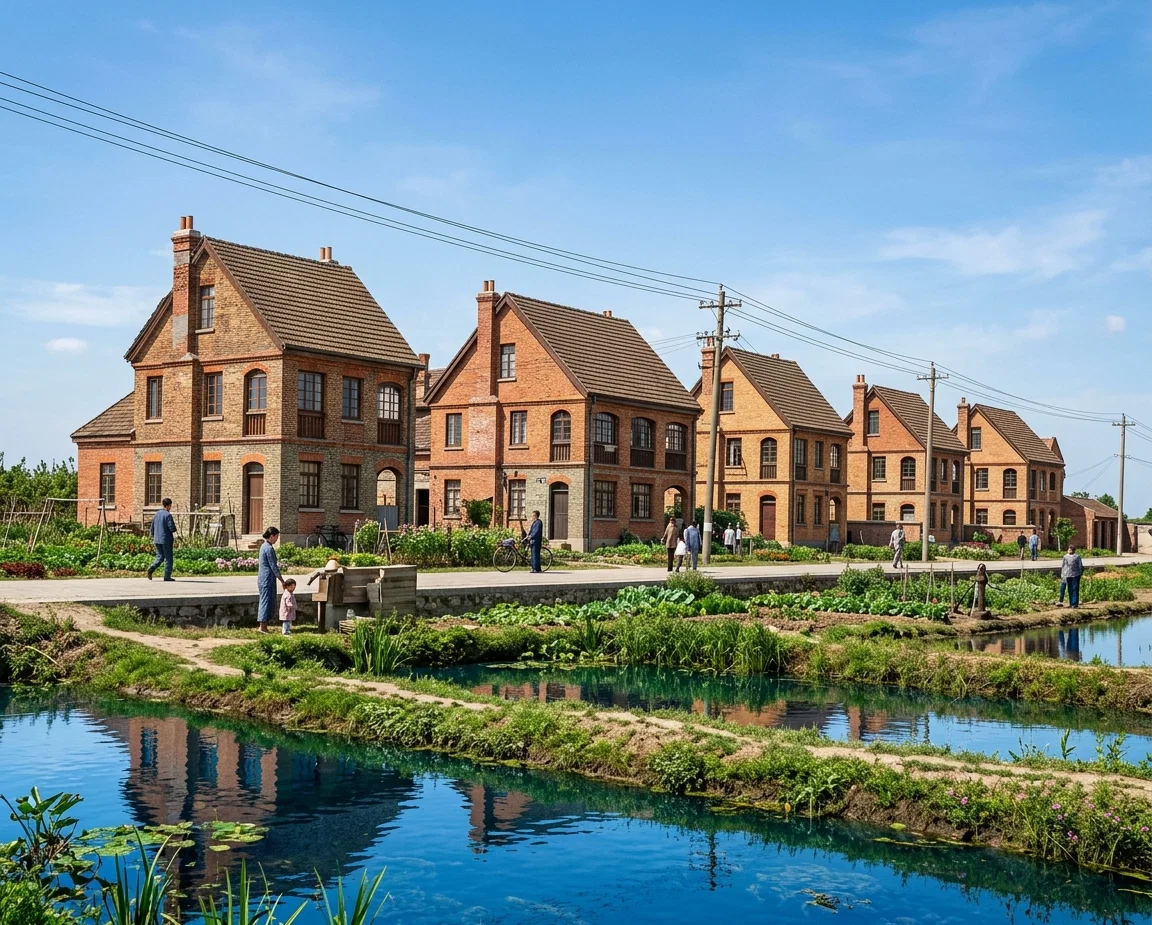 View of the workers' homes at the publishing house headquarters in Shanghai. The publishing house is just back of the building at the extreme right of the picture.