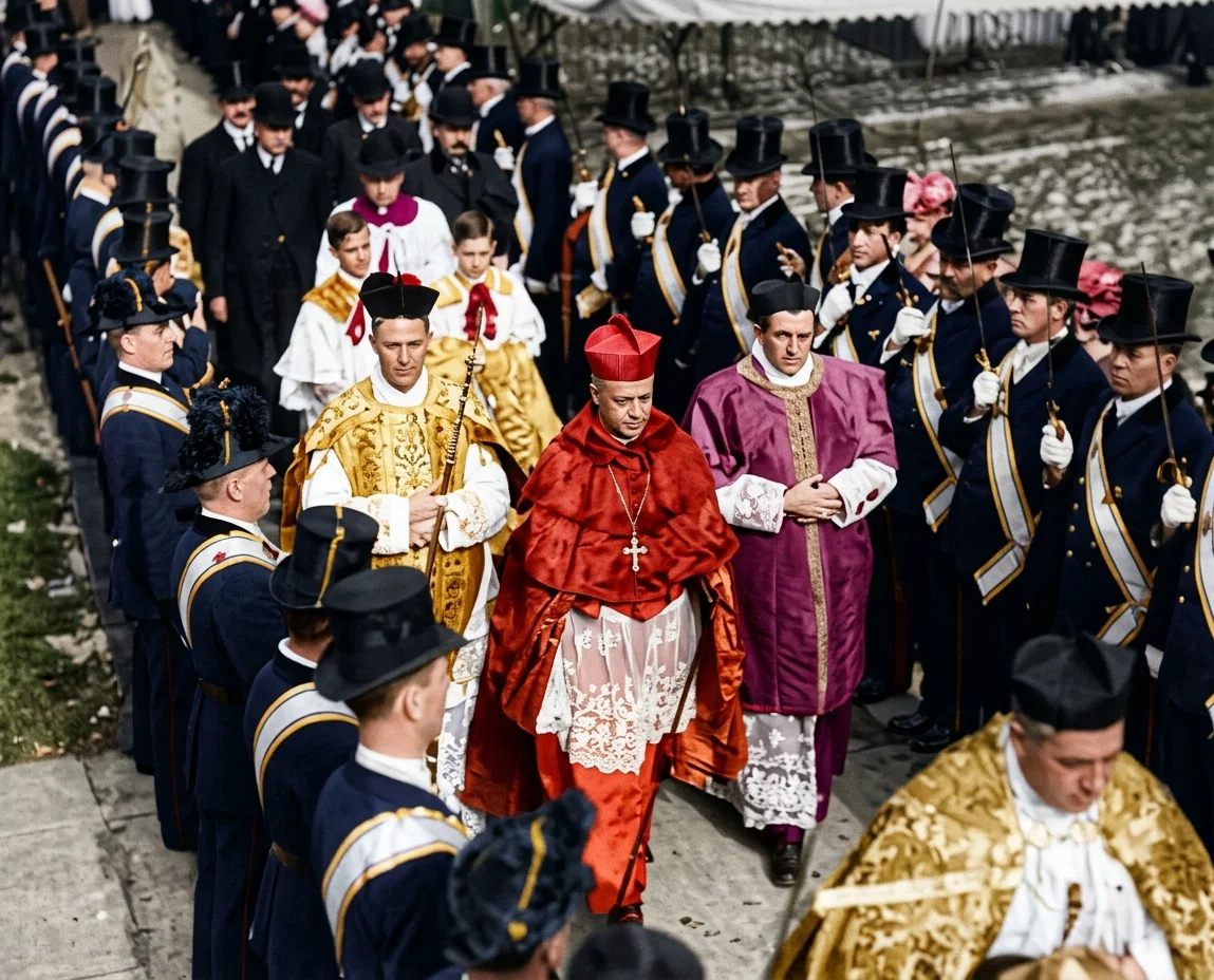 At the Catholic Missionary Congress. A procession of priests, guarded on each side by Knights of Columbus. Papal Delegate Falconio in front.