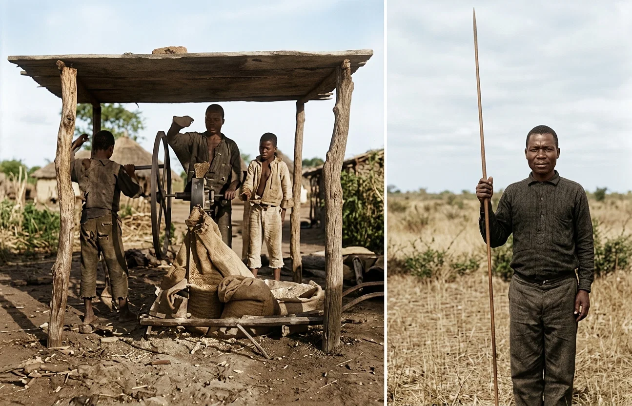 Batonga boys at work grinding corn. From this meal the staple article of food is made. Native teacher in charge of out-school where lions stampeded the cattle.