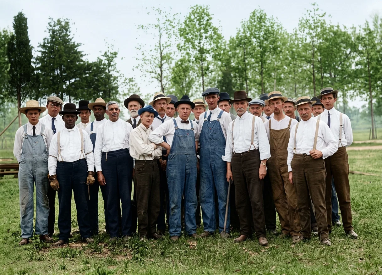 A FEW OF THE CAMP-CONSTRUCTION WORKERS AT THE GENERAL CONFERENCE, PREPARING TO LIFT THE POLES FOR THE LARGE PAVILION