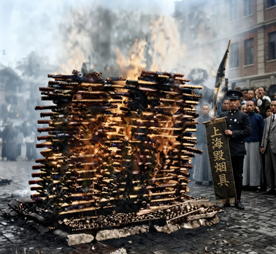 Burning opium pipes and paraphernalia, Shanghai