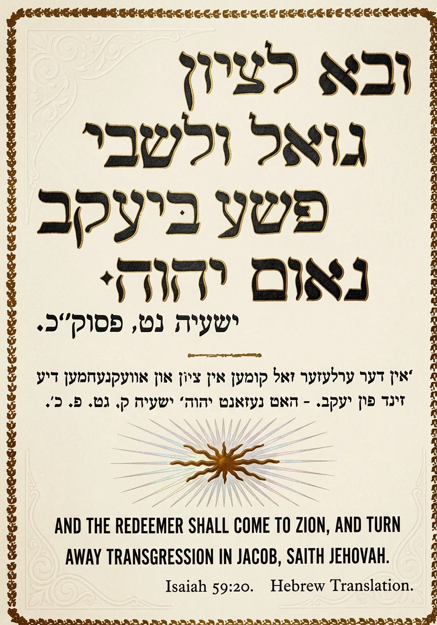 AND THE REDEEMER SHALL COME TO ZION, AND TURN AWAY TRANSGRESSION IN JACOB, SAITH JEHOVAH.
Isaiah 59:20. Hebrew Translation.