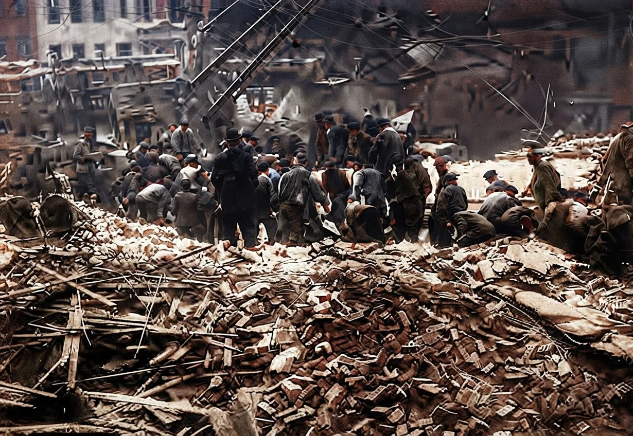 Digging for human beings alive or dead in the ruins after the explosion. The cause seems to have been the ignition of Pintsch illuminating gas mixed with air by an electric spark. The explosion followed the breaking of a gas-main under the power-house.