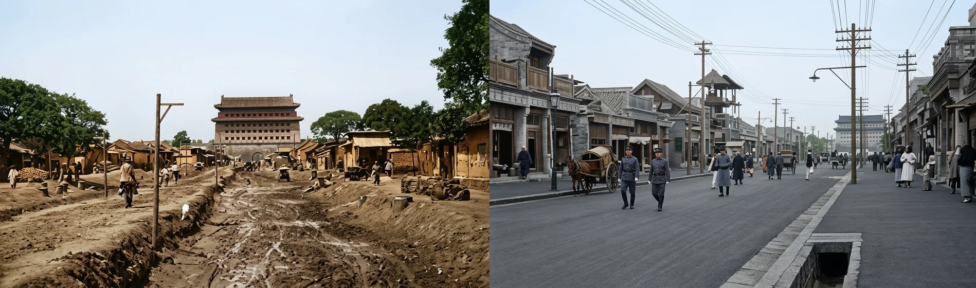 View of Street in Peking before Recent Improvements. View of the Same Street at the Present Time.