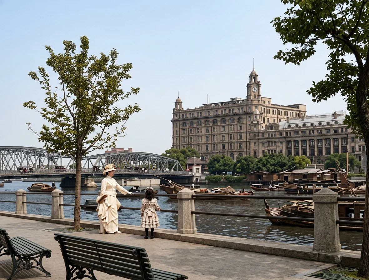 A view of the Garden Bridge and the new “Astor House” in Shanghai. The view looks across Soochow Creek from the Public Park. This picture shows a little of the progress being made in China.