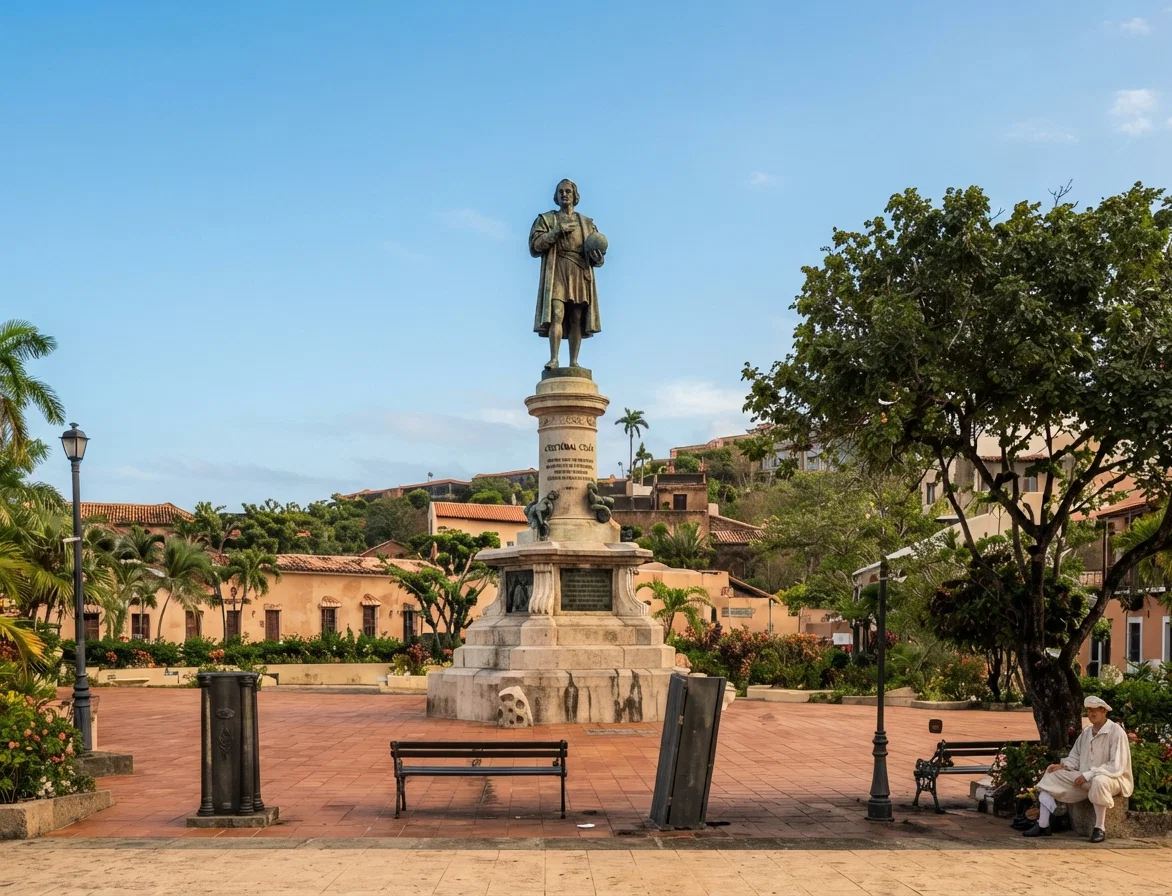 The Plaza and Statue of Columbus, San Juan, Porto Rico.