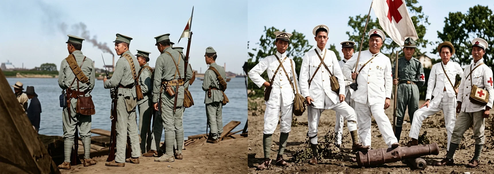 Peking soldiers guarding the Whangpoo River at Shanghai Representatives of the Chinese Red Cross Society in Shanghai