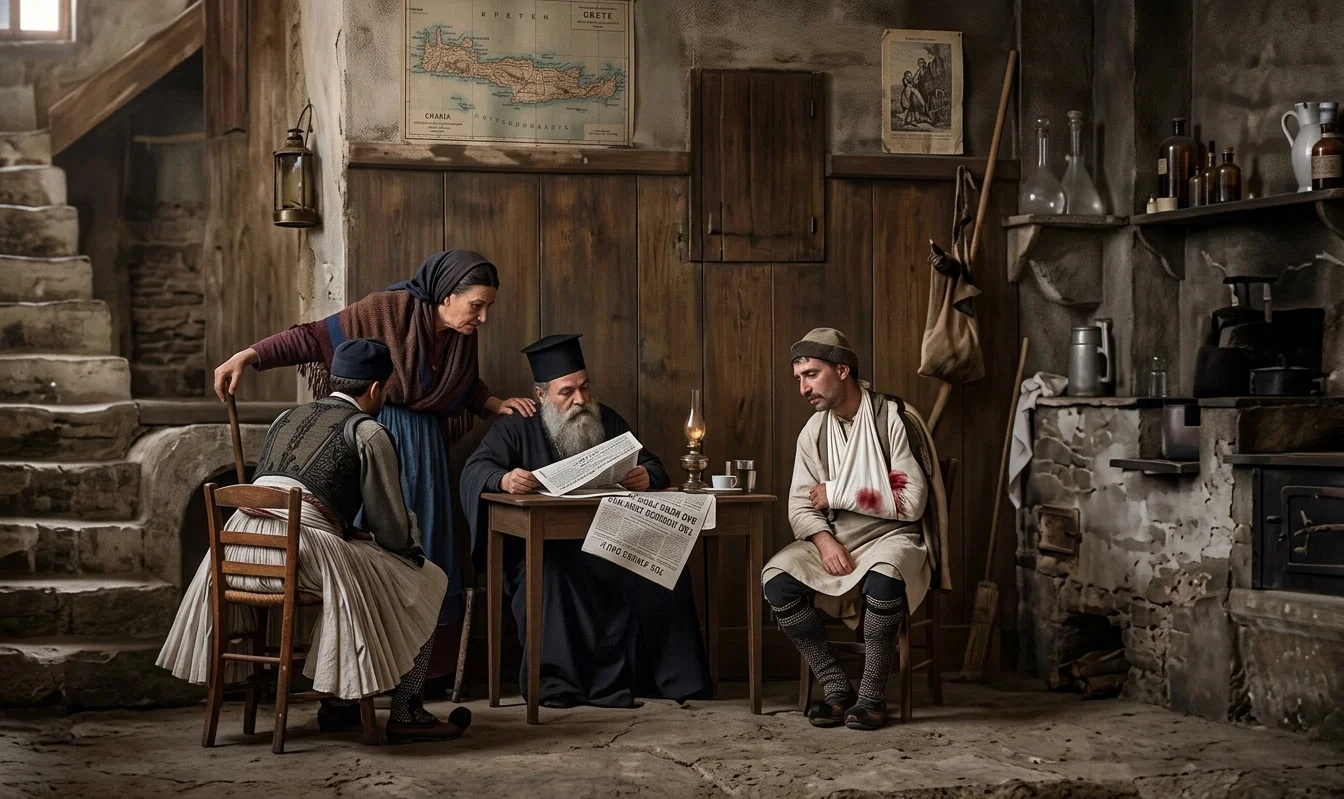 BAD NEWS FROM THE WAR. Scene in time of Cretan War (1897). Note the wounded soldier.
