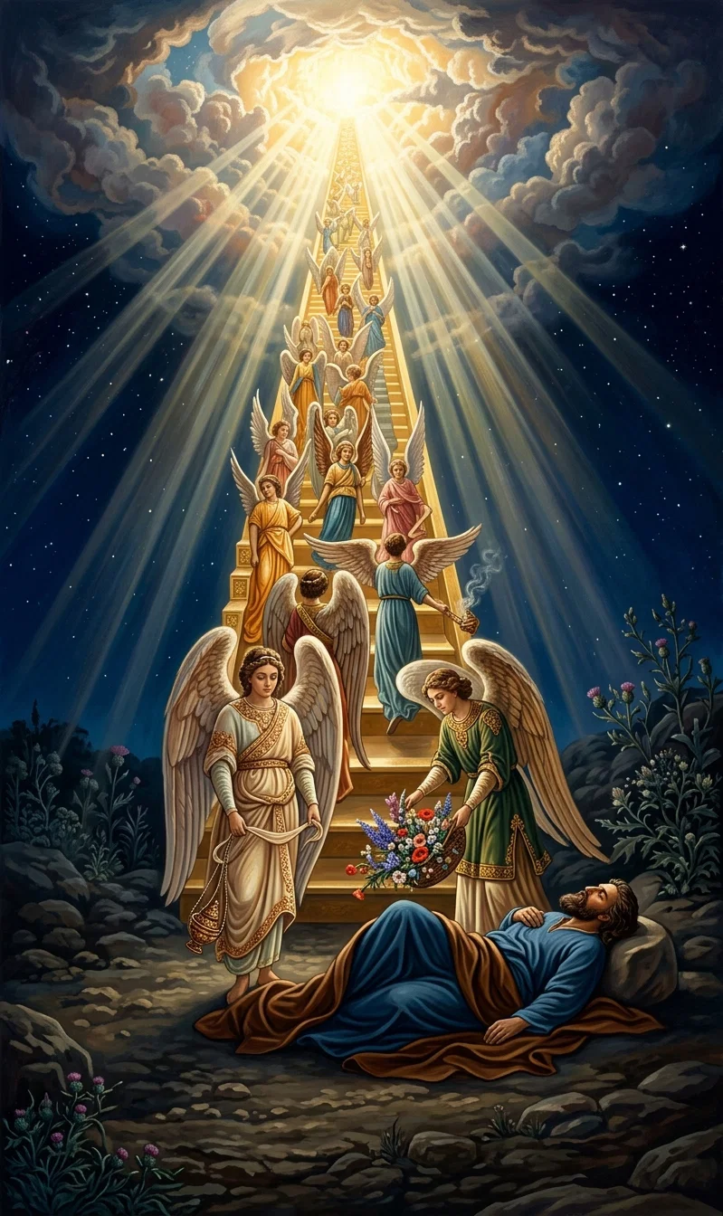 Jacob's dream showed under a figure of the ladder, representing Christ, how God's angels minister to His children. See Gen. 28:12; John 1:51.