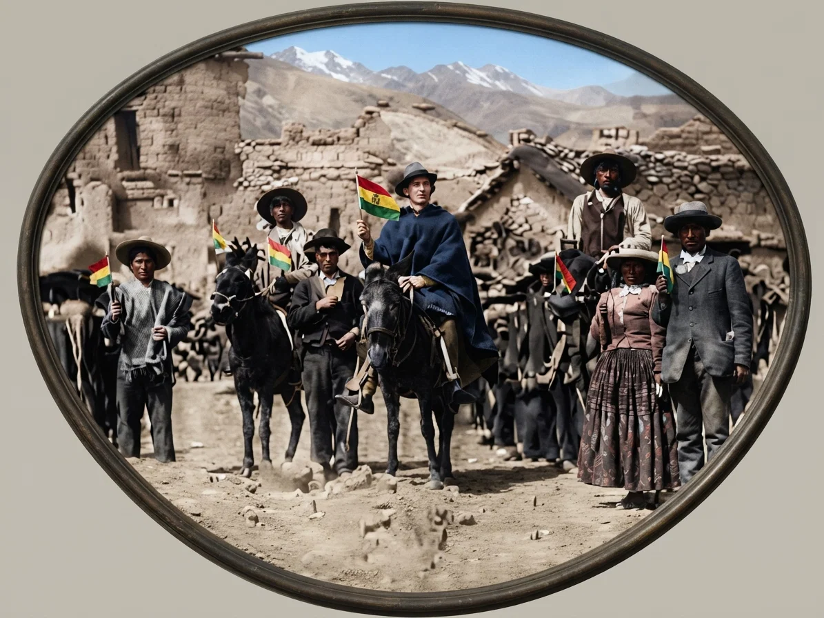 PERUVIAN INDIANS WITH FLAGS meeting the missionaries