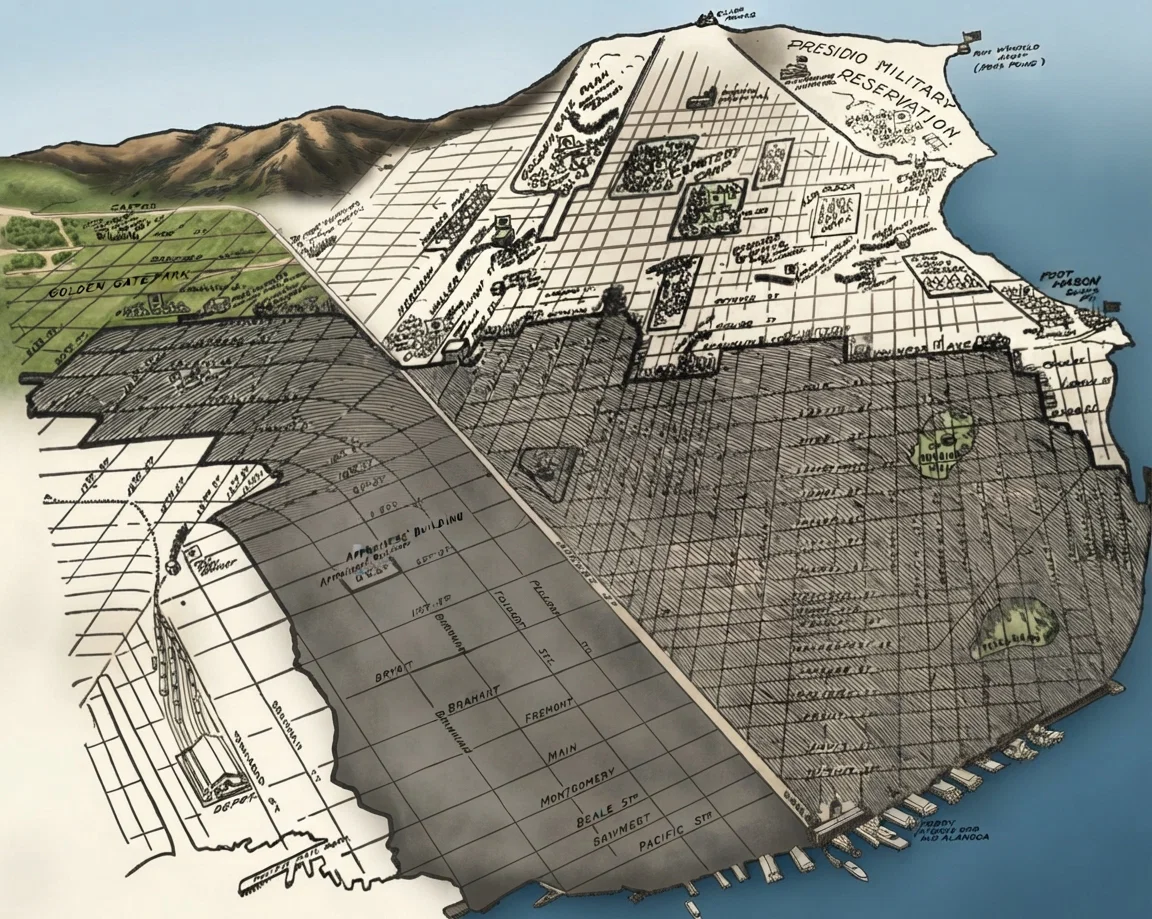 The burned district of San Francisco is shown within the heavy black lines, the general boundaries being the water front from Brannan Street on the east to Jones Street on the north, thence along Jones to Chestnut, to Hyde, to Polk, to Filbert, to Van Ness Avenue, to Clay, to Franklin, to Sutter, to Van Ness Avenue, to Golden Gate Avenue, to Octavia, to Page, to Gough, to Market, to Dolores, to Twentieth, to Mission, to Eighteenth, to Howard, to Fifteenth, to Folsom, to Eleventh, to Townsend, to the water-front. Within the district which escaped the flames are shown the Red Cross hospitals, camps, and supply-stations at Fort Mason, the Presidio, Golden Gate Park, Duboce Park, Seventeenth and Castro, Twenty-fourth and Noe, Mission Park, Mission Dolores, Haight and Market, Jefferson Square, Cemetery Camp, Alta Plaza, and Lobos Square. This is approximate. The Post-office, Mint, and Appraisers' Building escaped.
