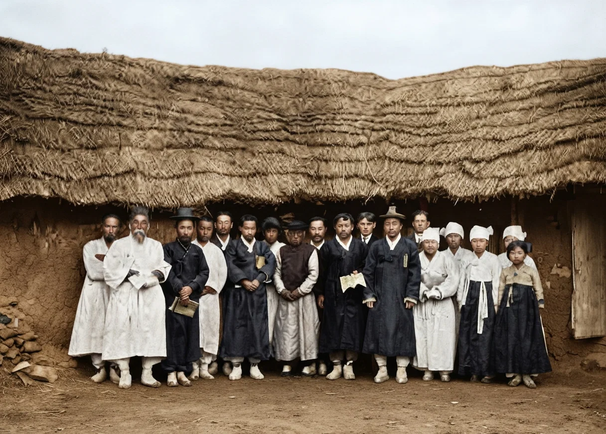 GROUP OF BELIEVERS AT REAR OF OUR CHURCH BUILDING, CHINNAMPO, KOREA