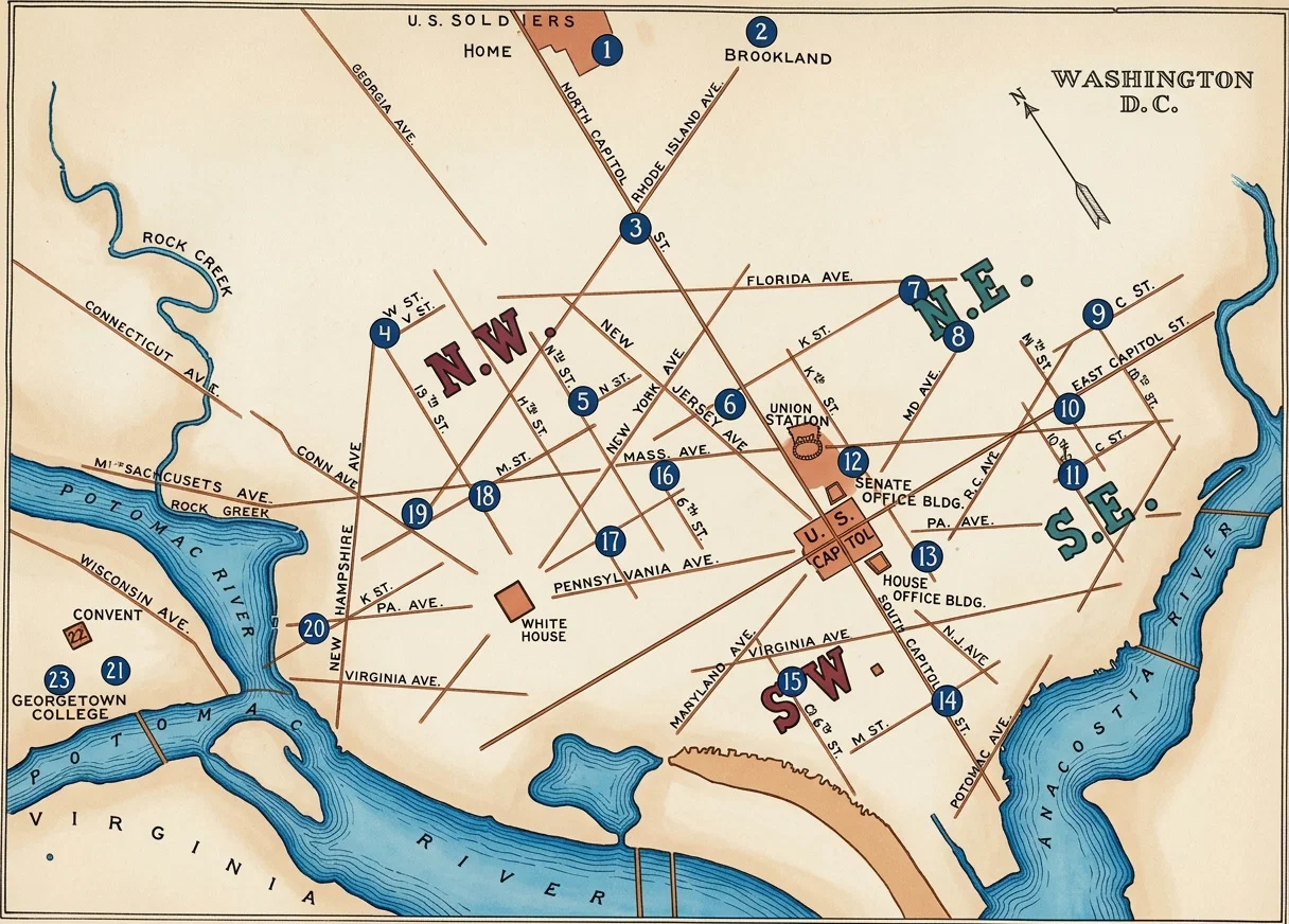 The map above shows the sites of the cathedrals, churches, and principal colleges only. There are scores of other papal concerns in the Capital, including academies and convents, orphan asylums, etc. This array as shown on the diagram, shows how completely they occupy the Capital. Note the churches adjoining the Senate office building and the House office building.