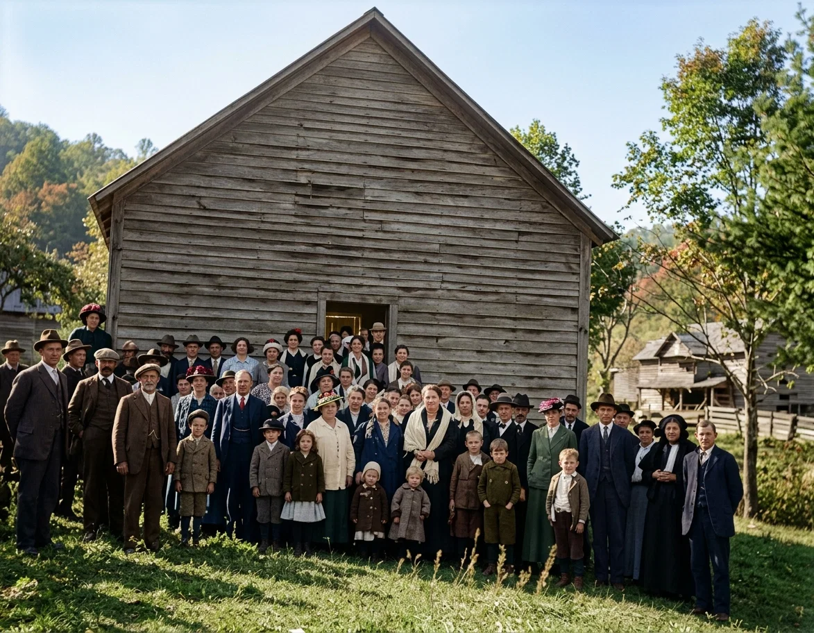 OLDEST SEVENTH-DAY ADVENTIST CHURCH BUILDING IN NORTH CAROLINA, AND GROUP OF WORSHIPERS, AT VALLE CRUCES