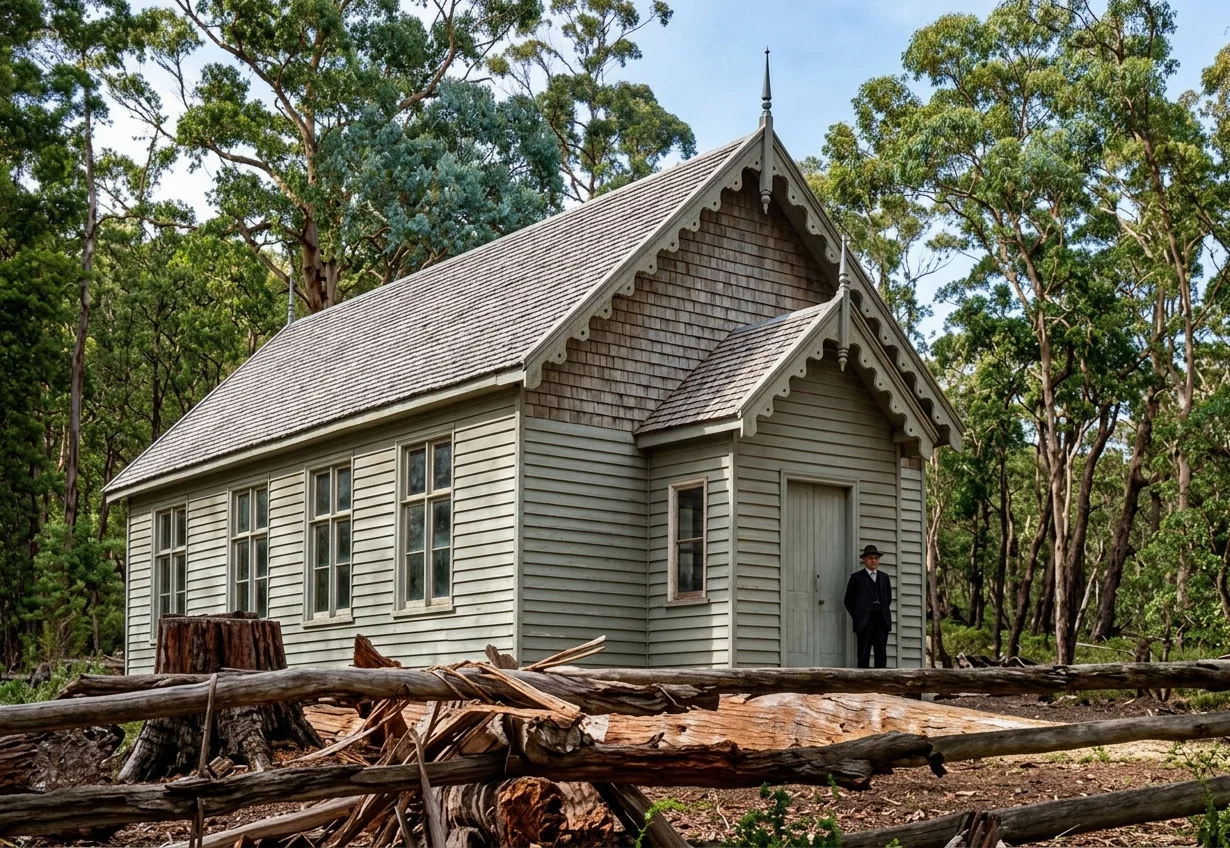 FIRST SEVENTH-DAY ADVENTIST CHURCH BUILDING IN AUSTRALASIAN UNION CONFERENCE, BISMARCK, TASMANIA; SURROUNDED BY EUCALYPTUS TIMBER