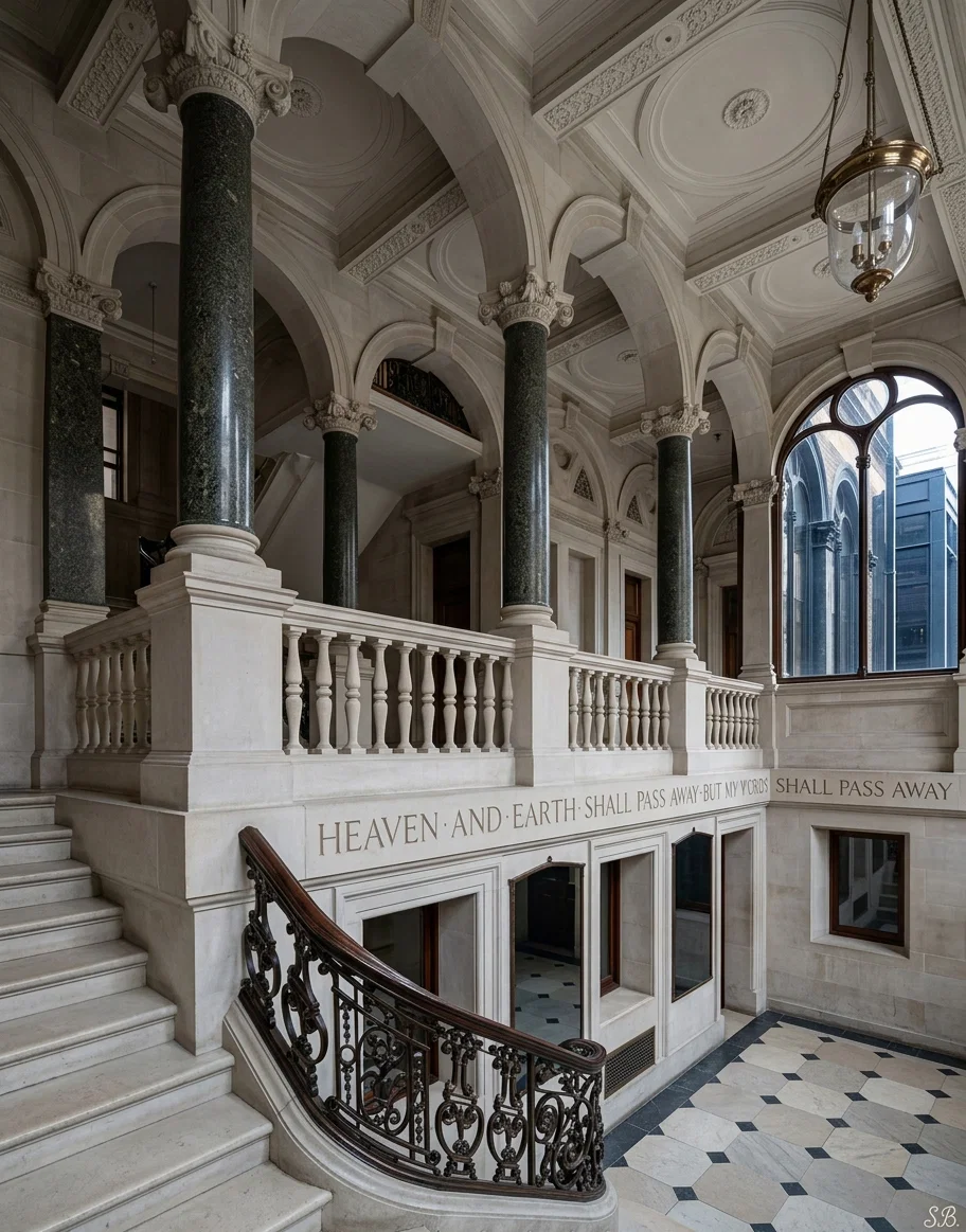 The great hall and staircase of the British and Foreign Bible Society House, London. Note the inscription, "Heaven and earth shall pass away, but My words shall not pass away." The Bible House in San Francisco, opposite the City Hall, was wrecked by earthquake and burned by fire; but the corner-stone with the above inscription remained intact. God in His providence was giving the people of the afflicted city assurance of something better. He gives it to-day.