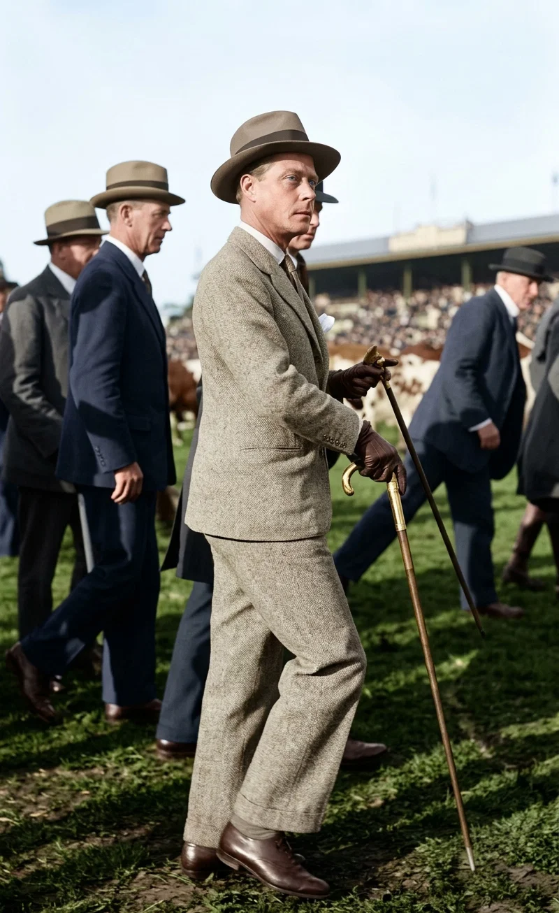 Pathe Photo. THE PRINCE WATCHING THE CATTLE PARADE AT THE ROYAL SHOW IN MELBOURNE