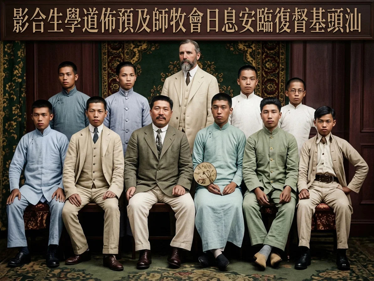 SWATOW MISSION WORKERS
Elder W. F. Hills of the Swatow (China) Mission, an evangelist, and boys who are in training for ministerial work.
