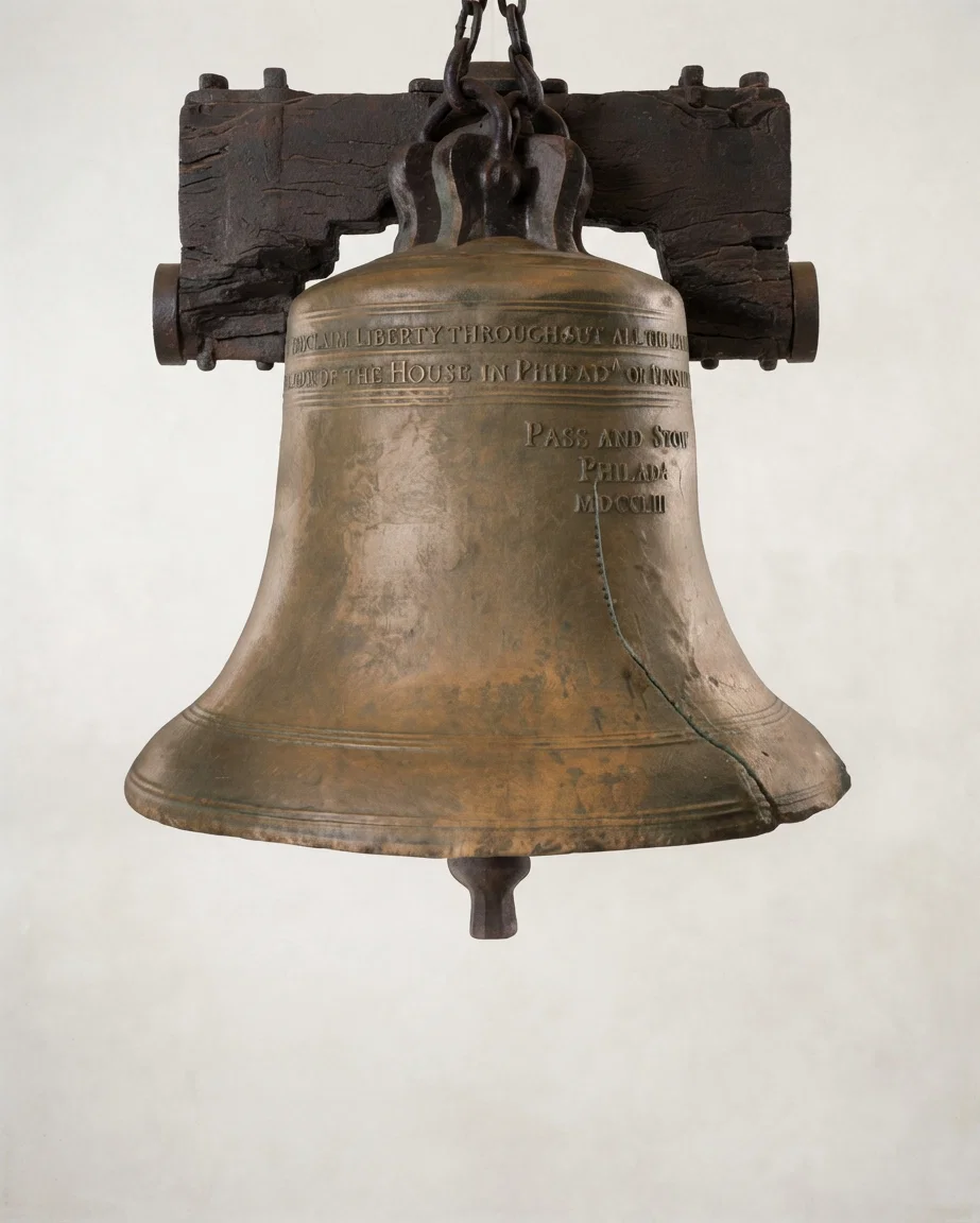 OLD LIBERTY BELL The casting of the Old Liberty Bell was done by Pass & Storr, Philadelphia, 1753; weight 2080 pounds. Its very making seemed to be prophetic of the results of the Revolution that followed. It bore the inscription, "Proclaim liberty throughout all the land unto all the inhabitants thereof," from Lev. 25:10. It was cracked July 8, 1835, while being tolled in memory of Chief Justice John Marshall. It now occupies a central position in Independence Hall.