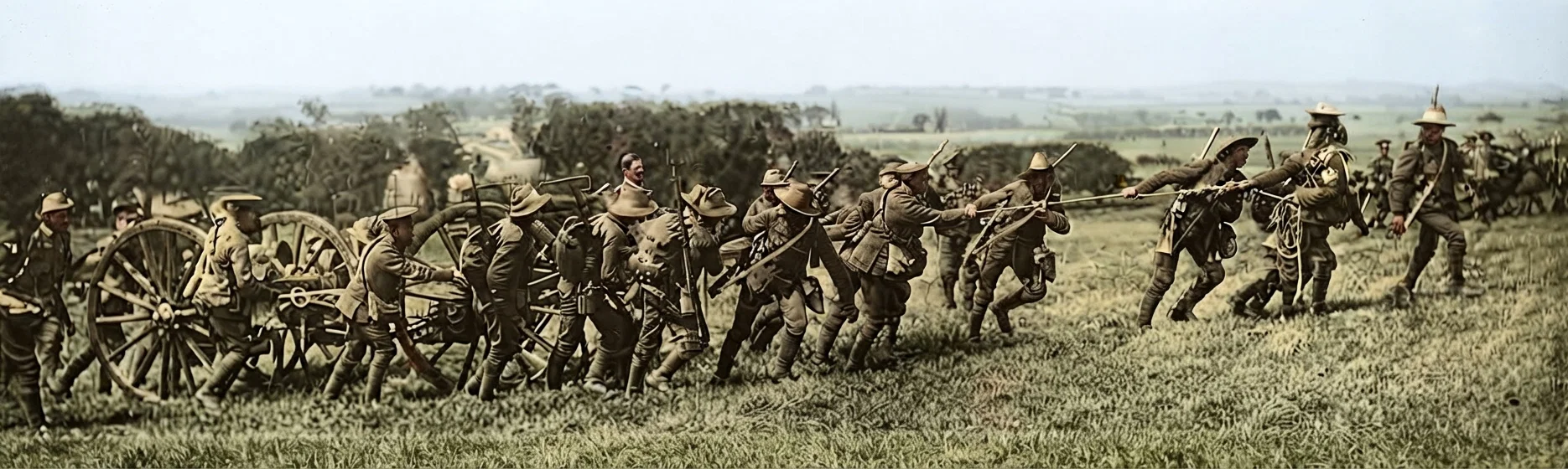 BRITISH TERRITORIAL TROOPS BRINGING A LIGHT FIELD GUN INTO POSITION
