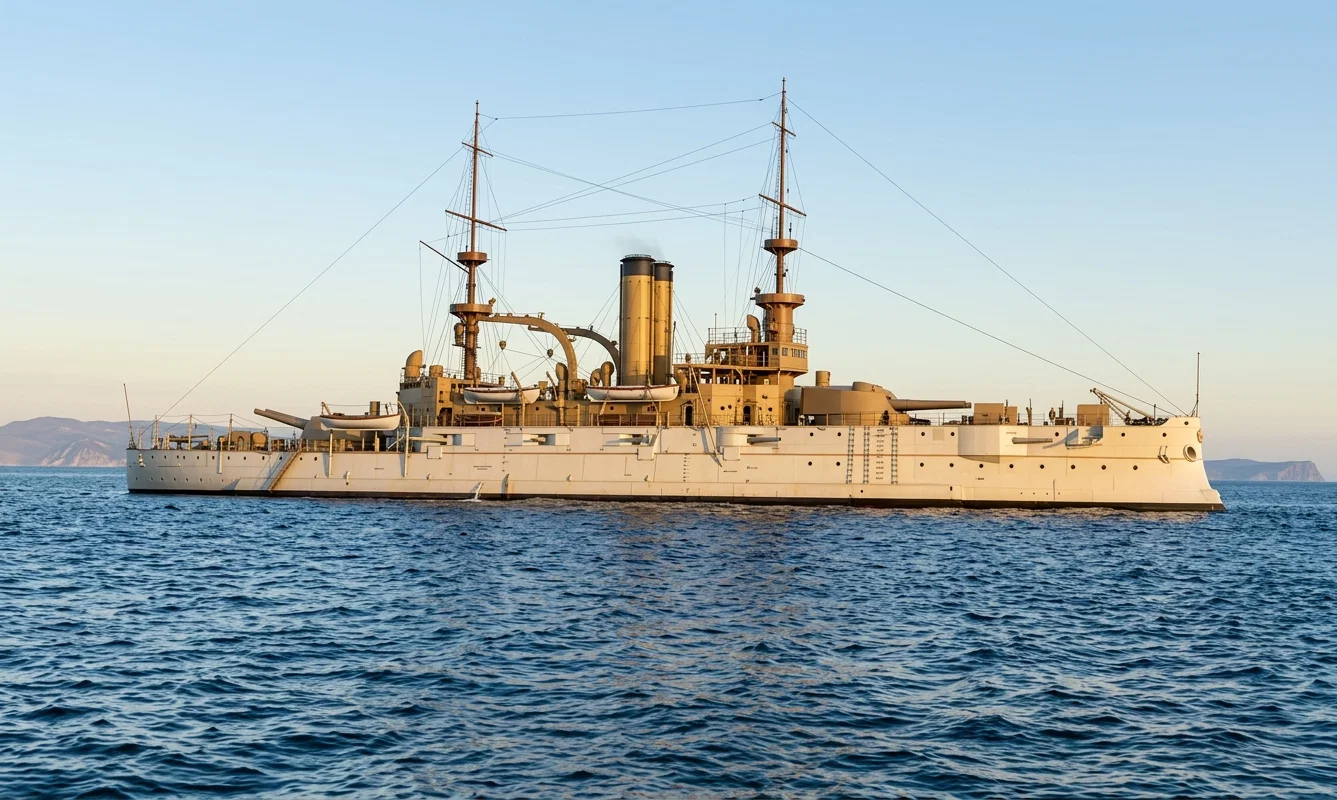 UNITED STATES BATTLE-SHIP WISCONSIN. Nearly 400 feet long; keel laid, 1899; 11,565 tons; speed, 16 knots; batteries, 4 13-inch breech-loading rifles, 14 6-inch rapid-fire guns, 16 6-pounders, rapid-fire, 6 1-pounders, rapid-fire, 4 Colts, 2 3-inch, rapid-fire. Cost $2,674,950.