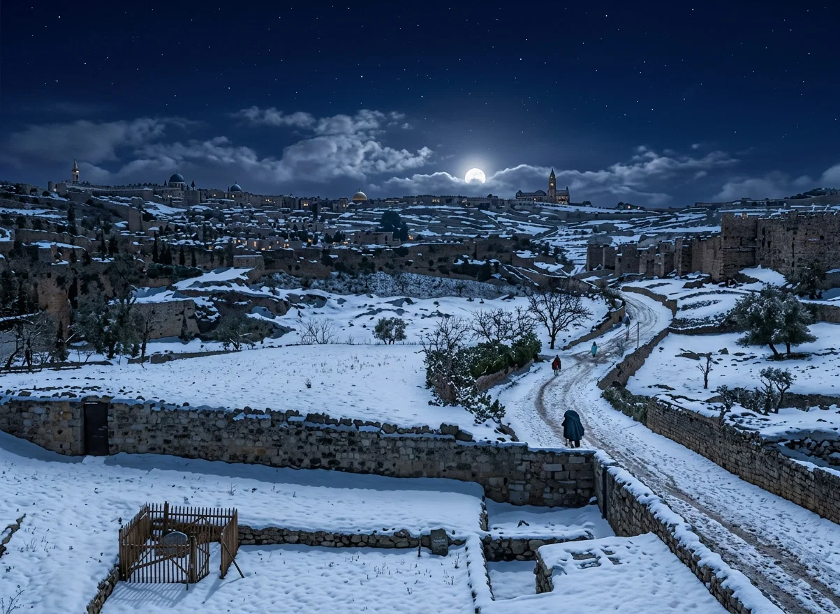 Jerusalem Covered with Snow in Wintertime