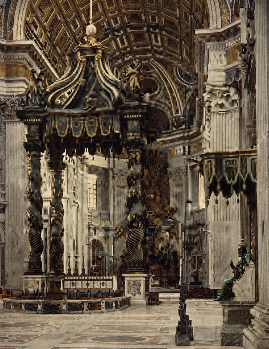 THE FAMOUS BRONZE STATUE OF ST. PETER ON THE RIGHT, AND THE GREAT ALTAR, ST. PETER'S, ROME.