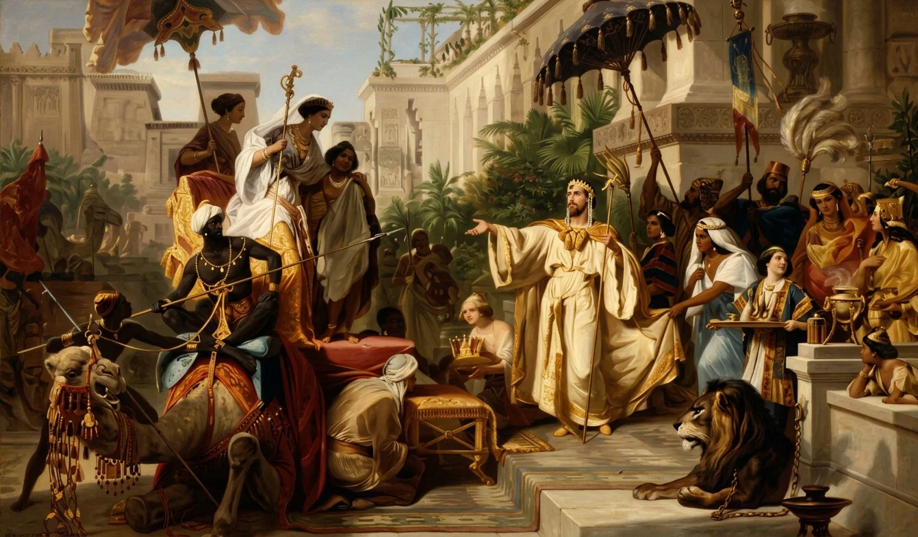 “And when the queen of Sheba heard of the fame of Solomon, . . . she came to Jerusalem with a very great train, with camels that bare spices, and very much gold, and precious stones.” I Kings 10:1, 2.