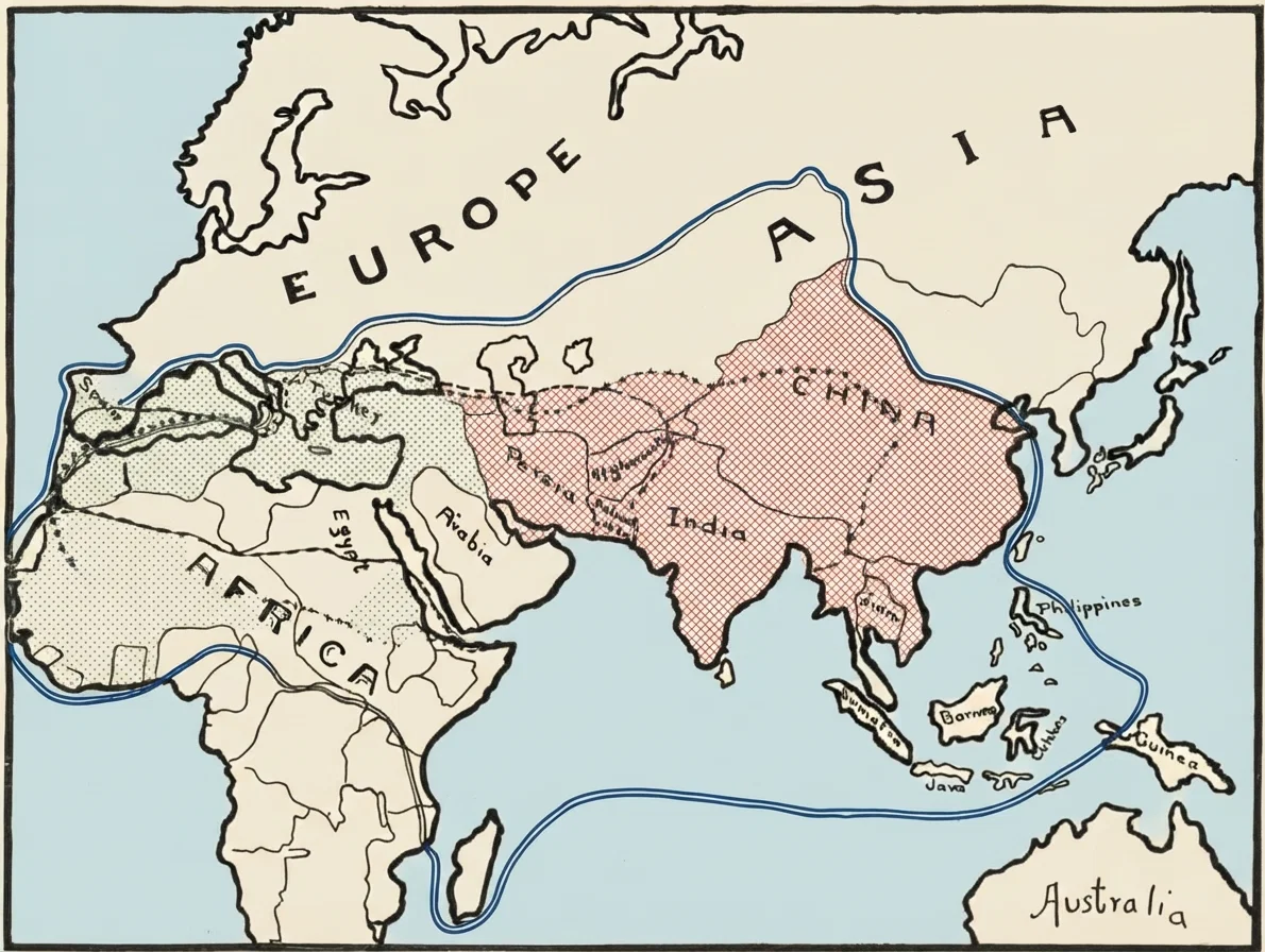 Territory inclosed in dotted line . . . Mohammedan World in 900 Territory inclosed in cross line . . . Mohammedan World in 1500 Territory inclosed in parallel lines = Mohammedan World in 1910