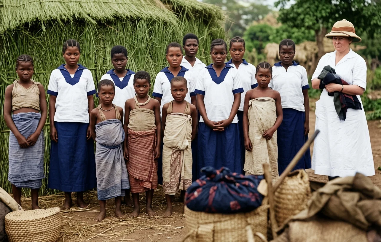 NYASA SCHOOLGIRLS IN REAR; UNTUTORED AND POORLY CLAD GIRLS FROM KRAALS IN FOREGROUND