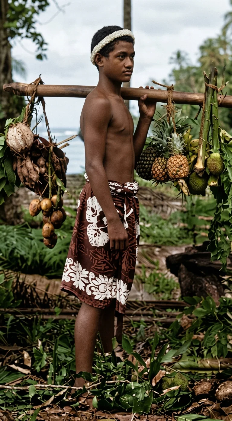 Tahitian Boy with a Load of Native Foods.