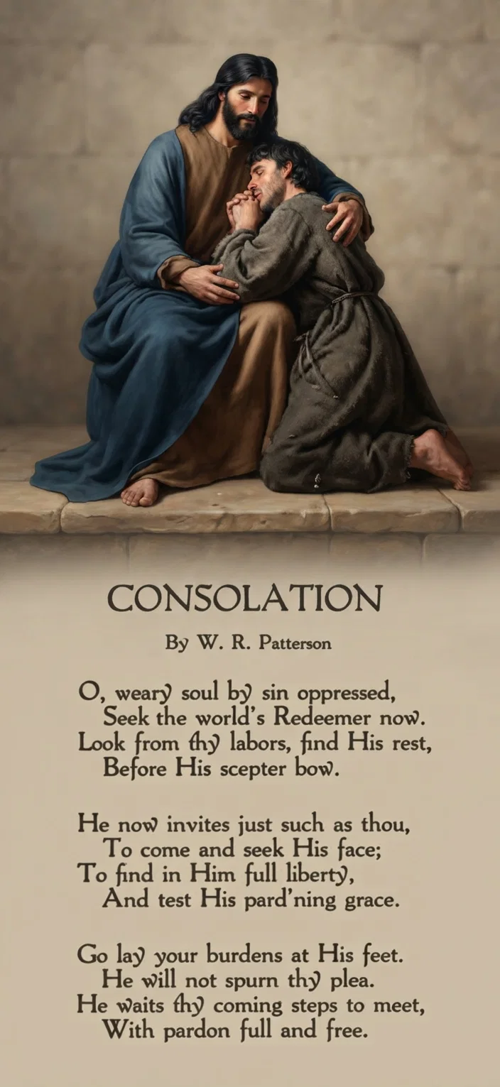 CONSOLATION By W. R. Patterson O, weary soul by sin oppressed, Seek the world's Redeemer now. Look from thy labors, find His rest, Before His scepter bow. He now invites just such as thou, To come and seek His face; To find in Him full liberty, And test His pard'ning grace. Go lay your burdens at His feet. He will not spurn thy plea. He waits thy coming steps to meet, With pardon full and free.