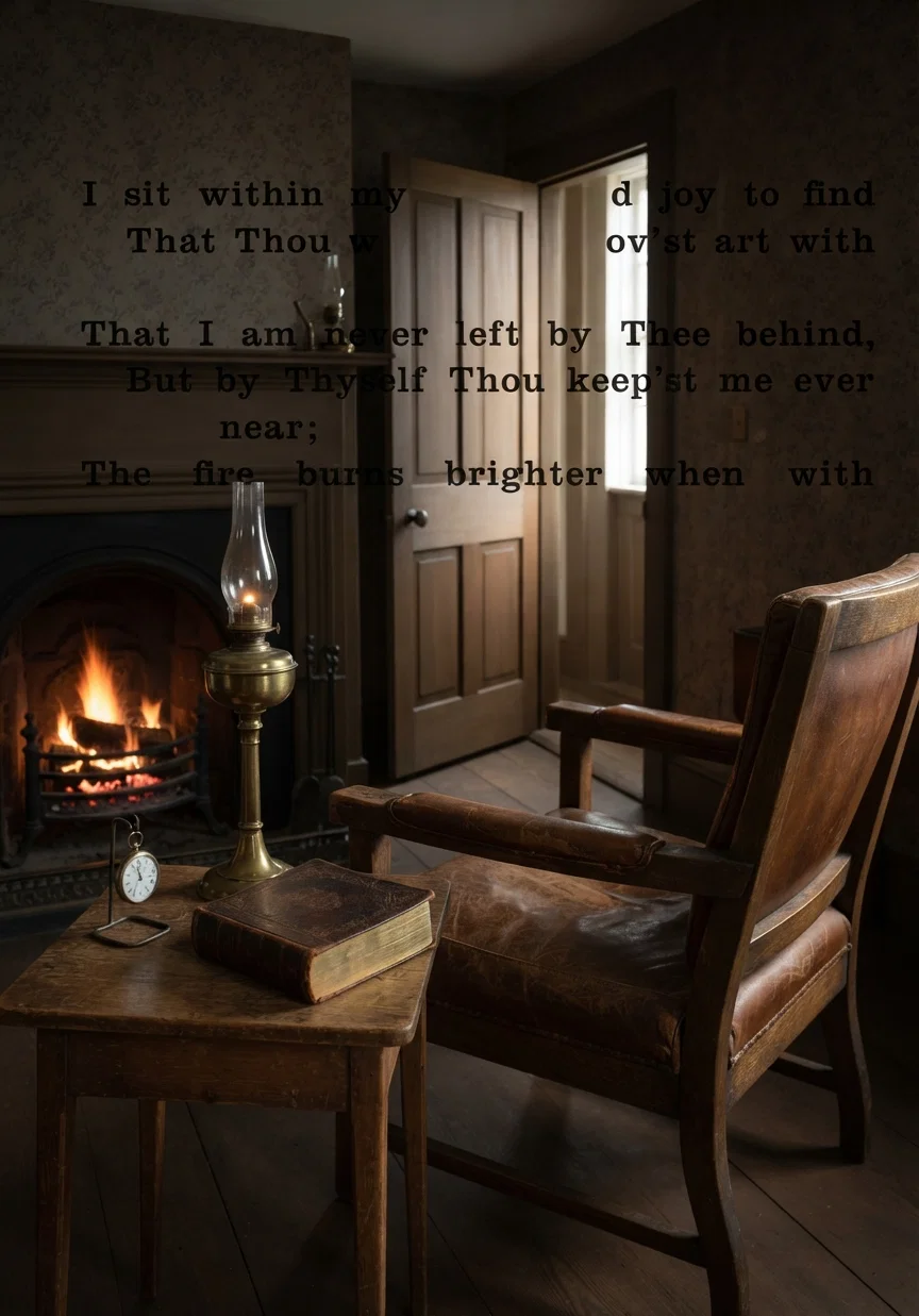 The Presence I sit within my room, and joy to find That Thou who always lov'st art with me here, That I am never left by Thee behind, But by Thyself Thou keep'st me ever near; The fire burns brighter when with Thee I look, And seems a kinder servant sent to me; With gladder heart I read Thy holy book, Because Thou art the eyes by which I see; This aged chair, that table, watch, and door, Around in ready service ever wait; Nor can I ask of Thee a menial more To fill the measure of my large estate, For Thou Thyself with all a Father's care Where'er I turn, art ever with me there. — Jones Very.