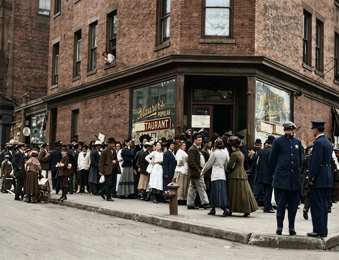 Men, women, and children in the Paterson, New Jersey, bread line established by the “I. W. W.” for feeding the Paterson mill strikers and their families