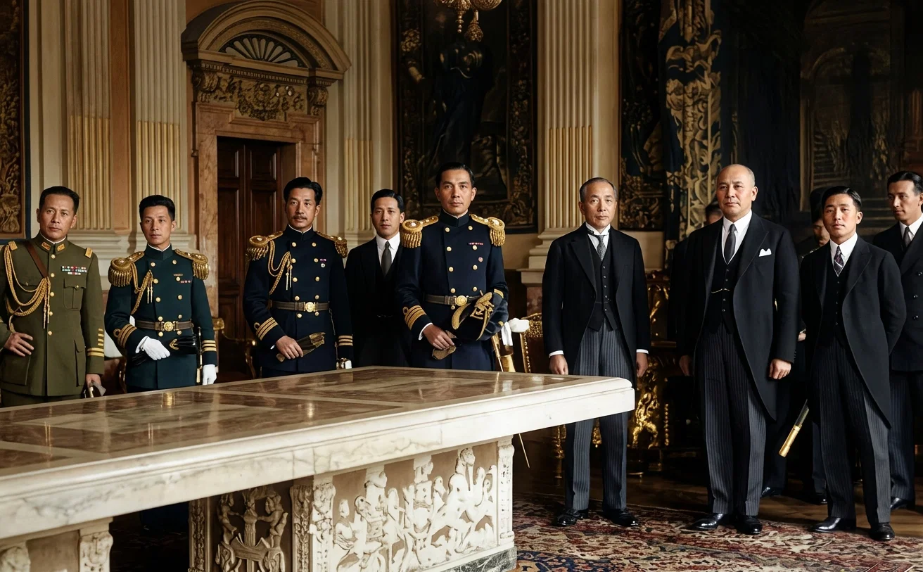 UNDERWOOD
After the London Conference, the Chinese naval delegation has been making a tour of Europe inspecting and studying military affairs. The delegation, headed by Minister of the Navy K. H. Tu, are here seen making an official visit to the headquarters of the Italian navy in Rome.