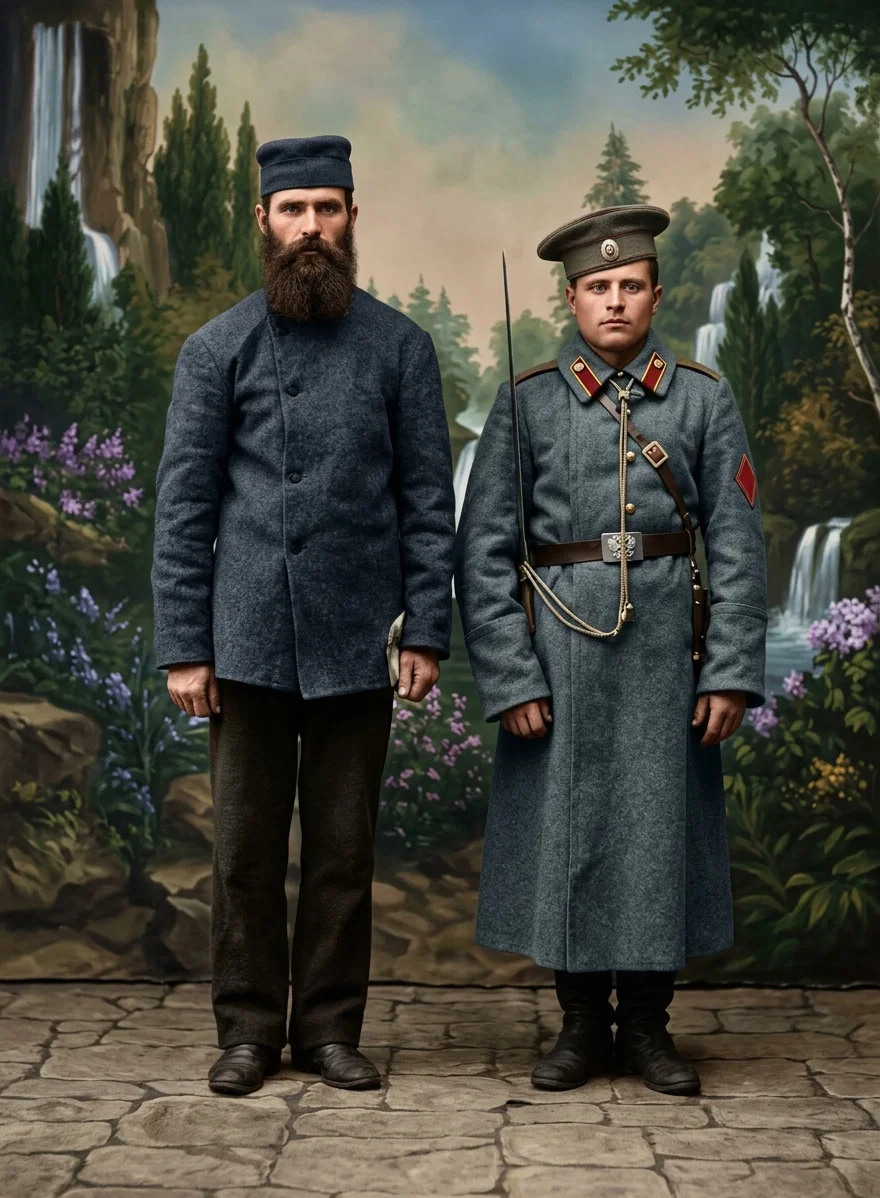 PREACHER GUARDED BY RUSSIAN SOLDIER