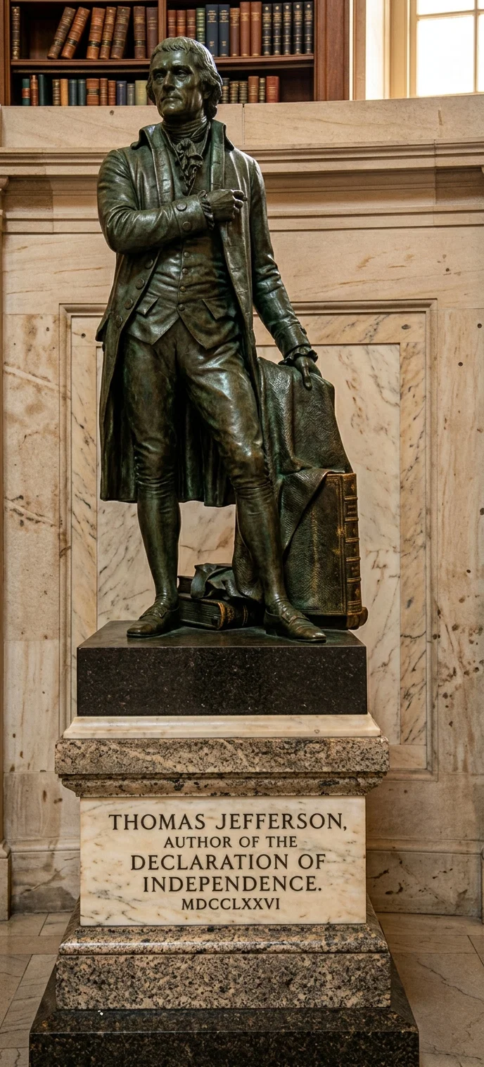 Statue of Thomas Jefferson, author of the Declaration of Independence. Jefferson stood for “equal and exact justice to all men, of whatever state or persuasion, religious or political.” Can we stand for less?