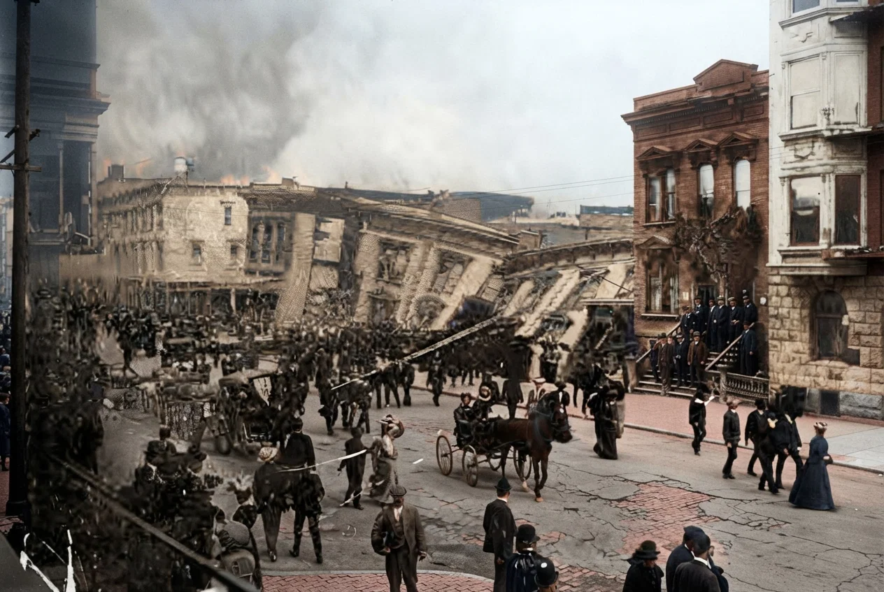 Another Scene of Earthquake Wreckage on Golden Gate Avenue, San Francisco.