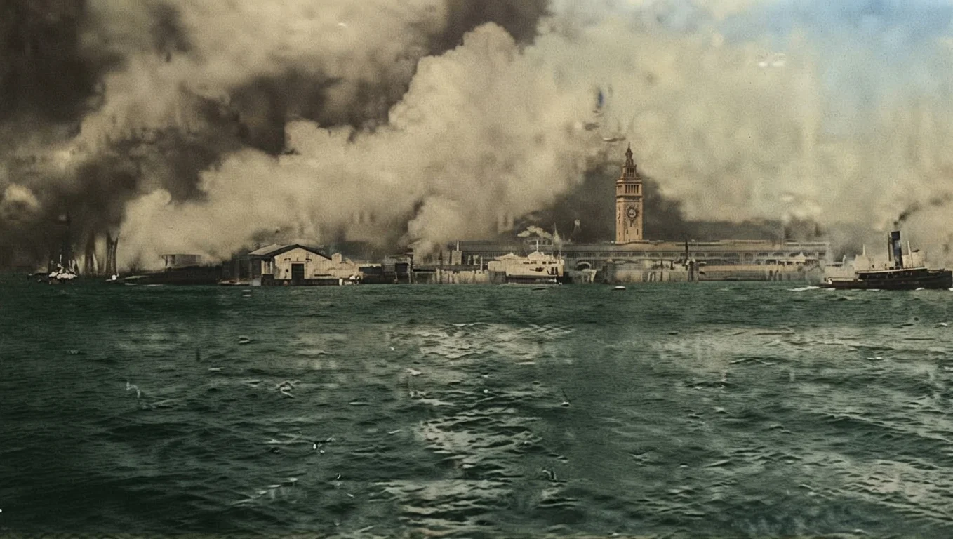 A view from the ferry-boat Berkeley on its way from Oakland to San Francisco, taken the morning of the earthquake when the fire had well started. The tall tower is the center of the Ferry Building, the fire tug at the right.