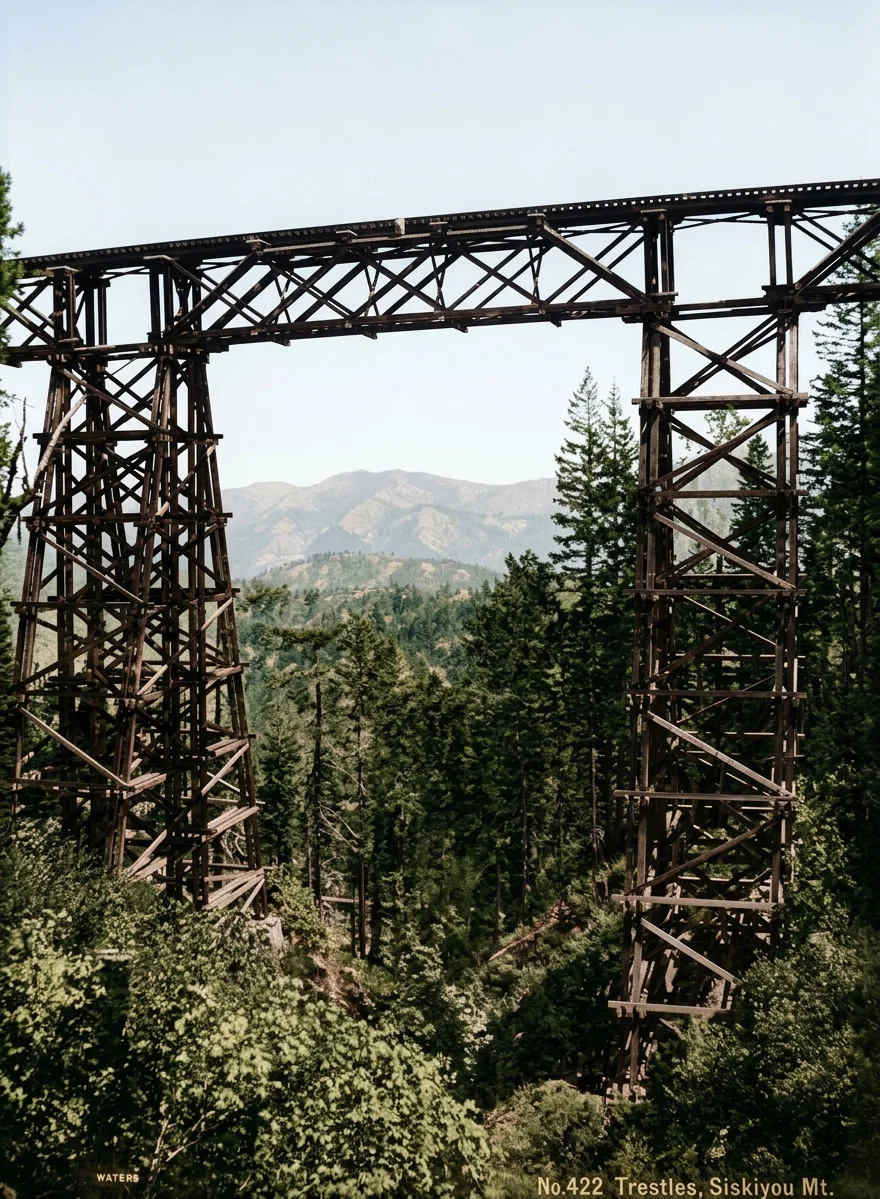 CALIFORNIA SCENERY, No. 16.—From San Francisco to the summit of the Siskiyou Mountains, the San Francisco and Portland Railway numbers its river crossings by nearly a score, and its tunnels by sixteen. The climb up the Siskiyou Mountains is one of indescribable grandeur. The road loops, and doubles, and runs in circles, and stretches back and forth, in climbing the mountain, till in one place five lines may be counted, but a few rods apart, but miles by the railway. One distance of 6 miles between Dunsmuir and Sisson climbs 646 feet; a stretch of 14 miles climbs 1,300 feet. The high trestle above is one of the many sights on the road. Of the building of this road the “Railway Age” of May 11, 1898, says: “The tremendous mountain ranges constituted a barrier not only discouraging to those who were called upon to provide money for overcoming it, but it was even believed by some would baffle the skill of the engineer and the railway builder if the completion of the work was really undertaken. The Southern Pacific Company, however, did undertake and did successfully carry through this great work; and now the traveler, by palace car between the chief cities of California and Oregon, is enabled to view, along portions of the ‘Shasta Route,’ the grandest mountain scenery of the Pacific Coast, and probably of North America.”