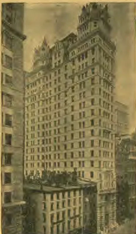 Commercial Gable Building, 60 Dead Street, between Wall Street and Custom House Place, 18 stories to the shoulder, 3 more above. Foundation leaders to bed-trick. These buildings are themselves marvels. The square white building in the right is the American Savory Building, 17 stories, high, the first of the old ones to be built.