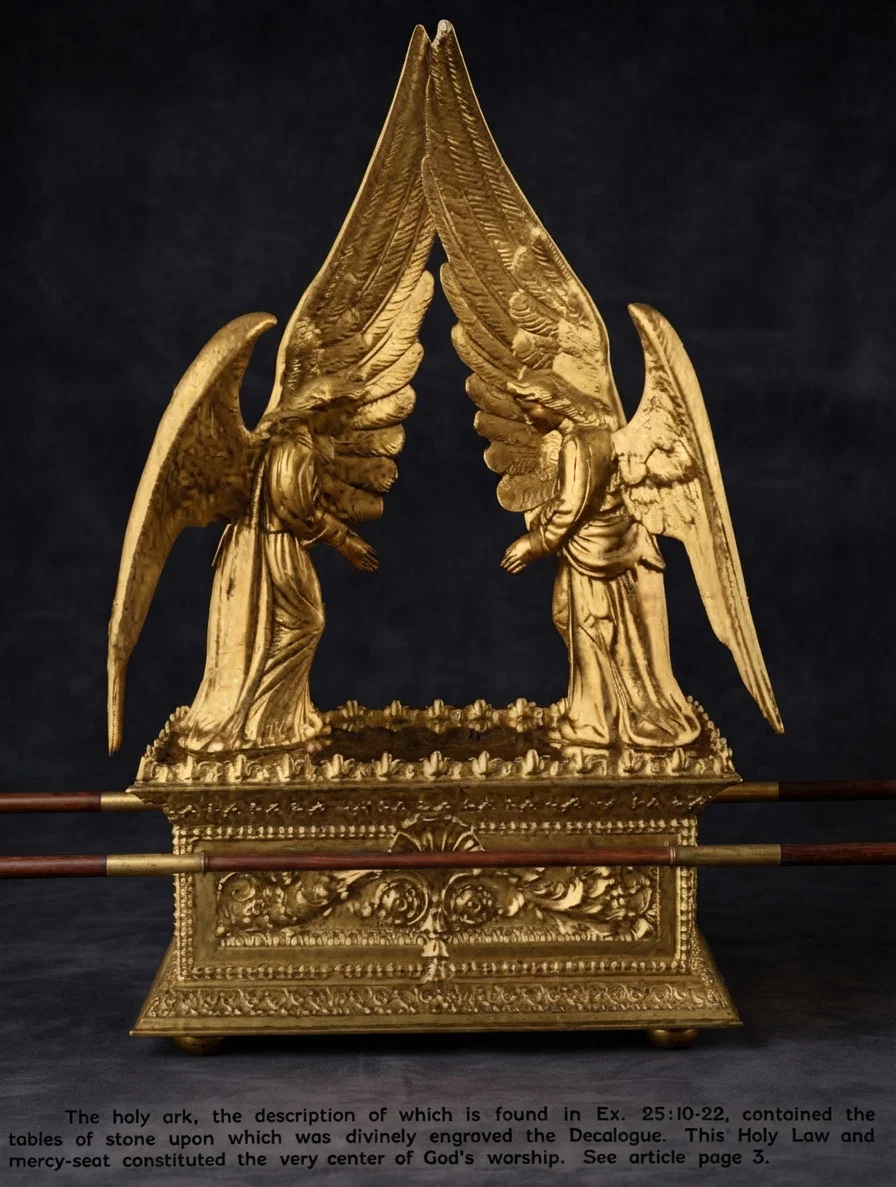 THE ARK OF THE TESTIMONY The holy ark, the description of which is found in Ex. 25:10-22, contained the tables of stone upon which was divinely engraved the Decalogue. This Holy Law and mercy-seat constituted the very center of God's worship. See article page 3.